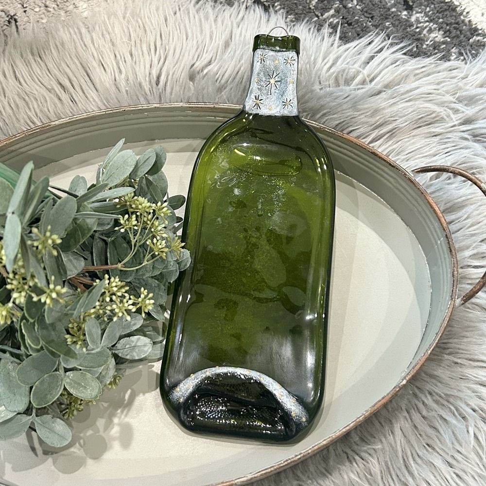 Flattened Green Glass Wine Bottle Spoon Rest Window Wall Decor Art Glass 12"